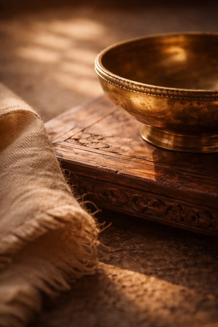 A brass ritual bowl on a carved wooden block, dressed in soft linen